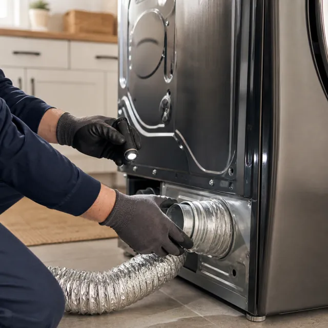 Dryer Repair service photo. Technician inspecting a residential clothes dryer's rear vent connection.