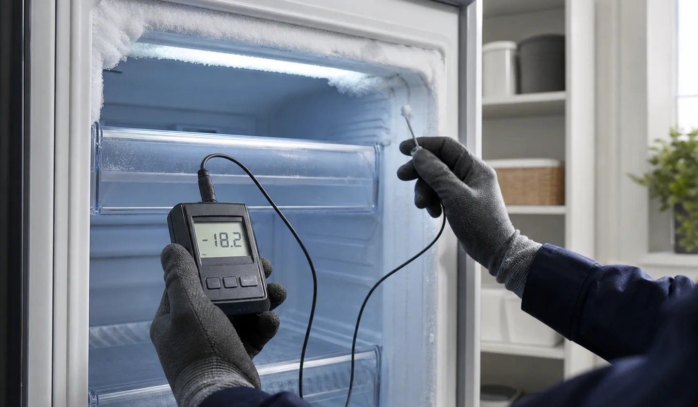 Appliance Repair service area photo for Yakima, WA. Technician checking temperature and frost inside an upright residential freezer.