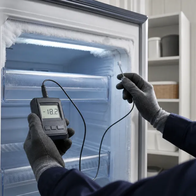 Freezer Repair service photo. Technician checking temperature and frost inside an upright residential freezer.