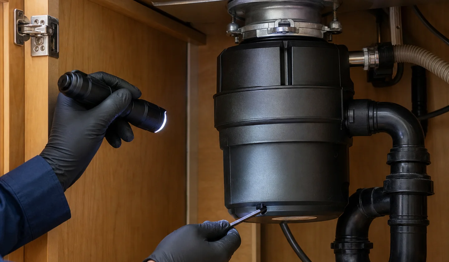 Appliance Repair service area photo for Longview, TX. Technician inspecting an under-sink garbage disposal with the power off.