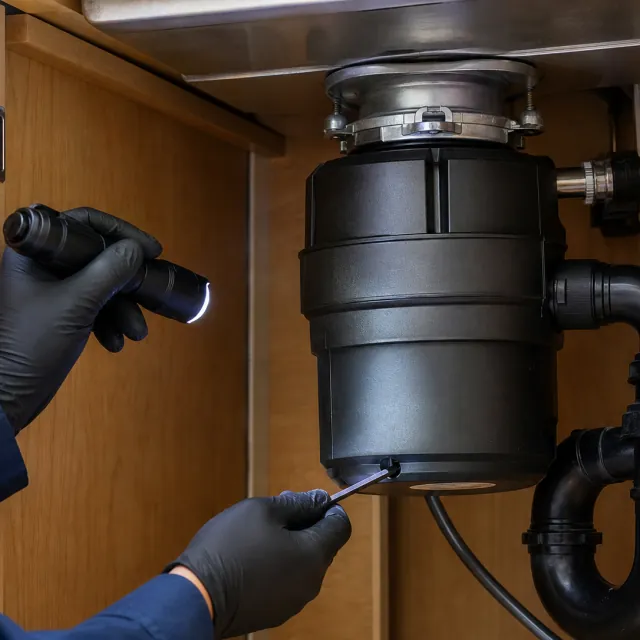 Garbage Disposal Repair service photo. Technician inspecting an under-sink garbage disposal with the power off.