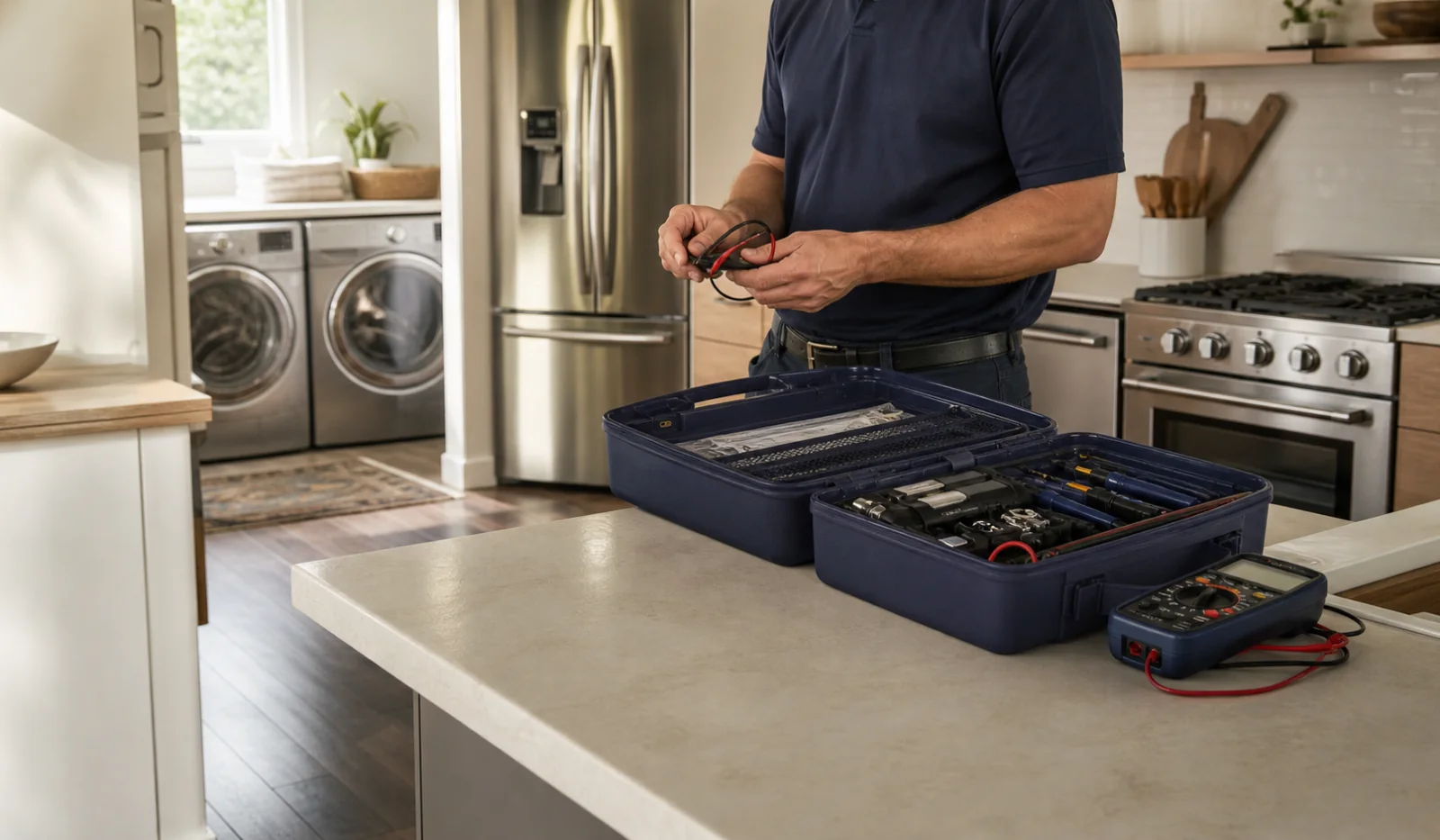 Organized appliance diagnostic tools in a bright residential kitchen and laundry area.
