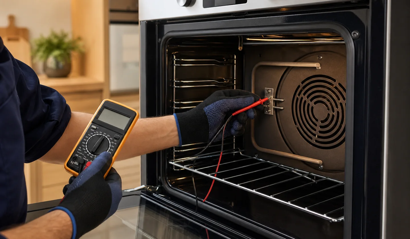 Appliance Repair service area photo for Reading, PA. Technician testing components inside an open residential electric oven.