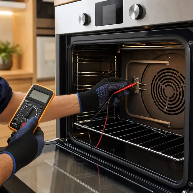 Oven Repair service photo. Technician testing components inside an open residential electric oven.