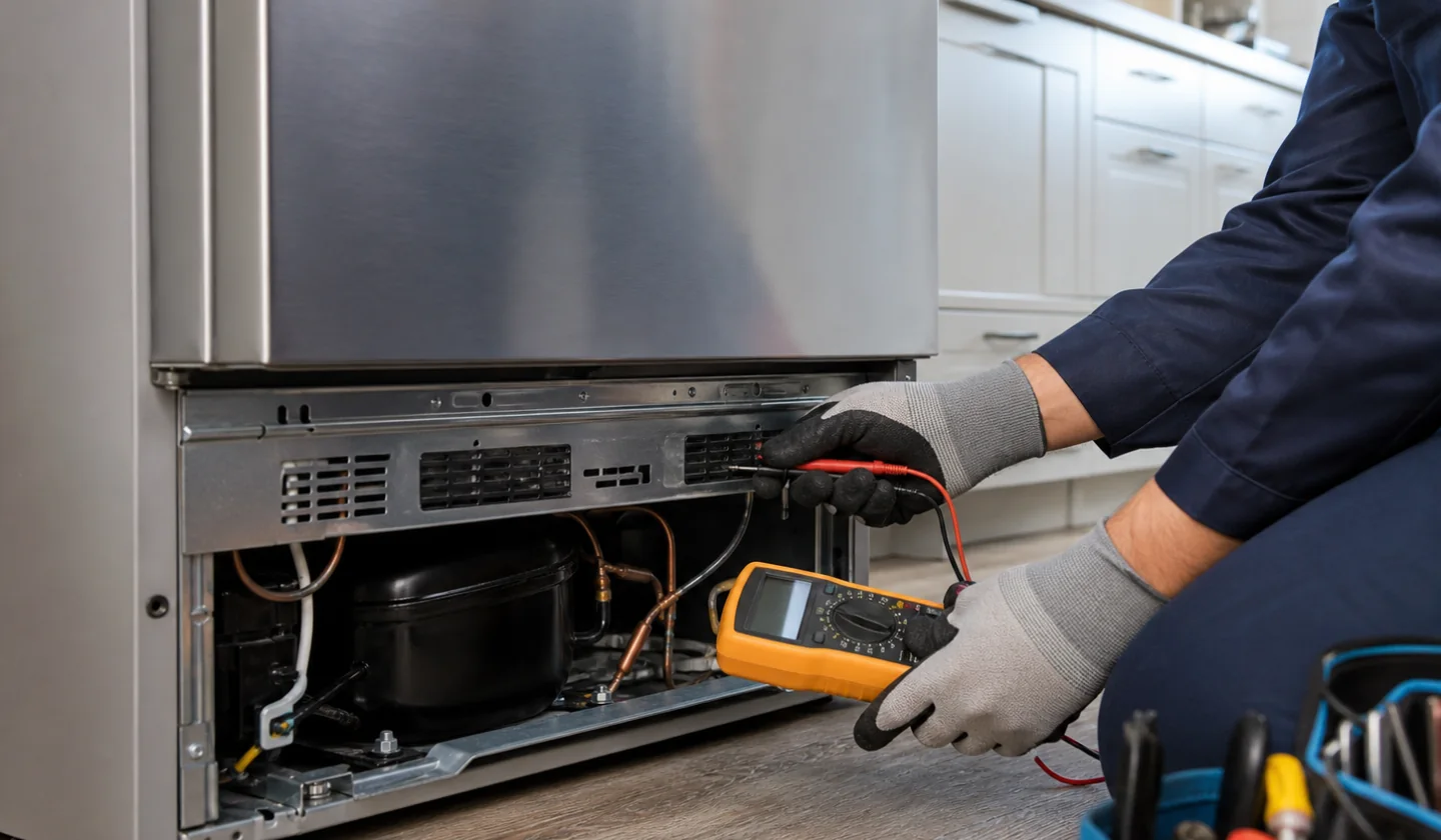 Refrigerator Repair service photo. Technician testing a residential refrigerator's lower service components.