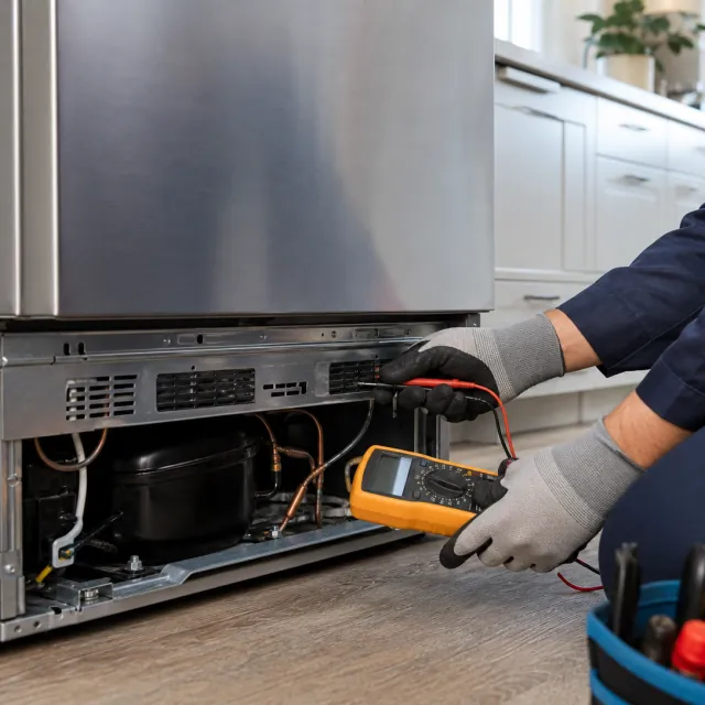 Refrigerator Repair service photo. Technician testing a residential refrigerator's lower service components.