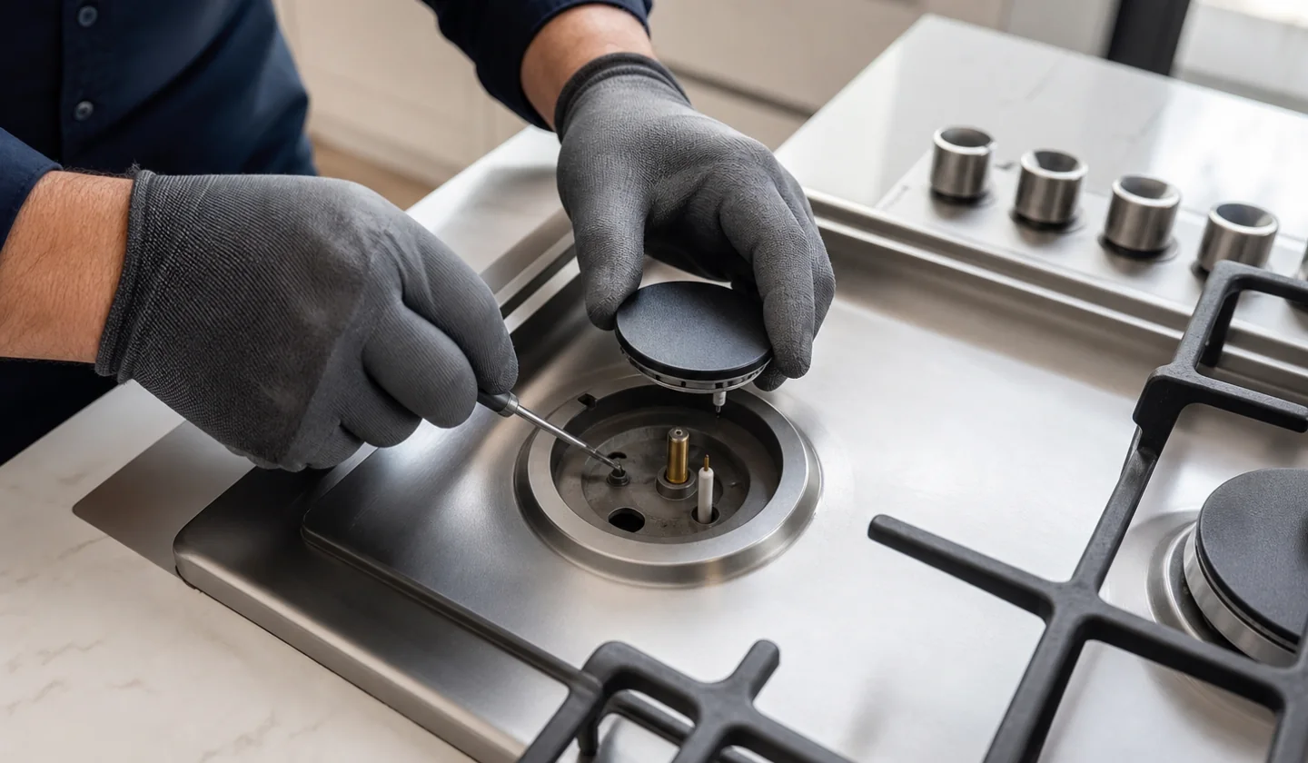 Appliance Repair service area photo for Hickory, NC. Technician inspecting the burner and igniter on a residential gas cooktop.