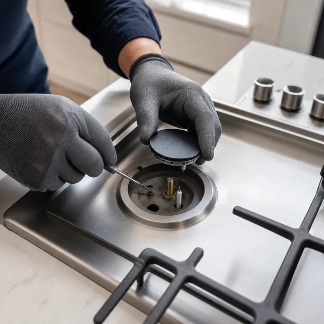 Stove Repair service photo. Technician inspecting the burner and igniter on a residential gas cooktop.