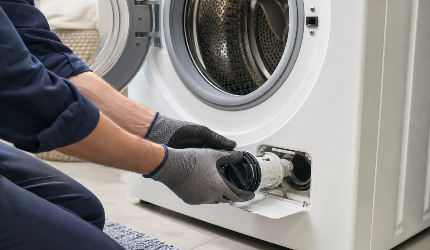 Appliance Repair service area photo for Greenville, SC. Technician inspecting the drain-pump filter on a front-load washing machine.